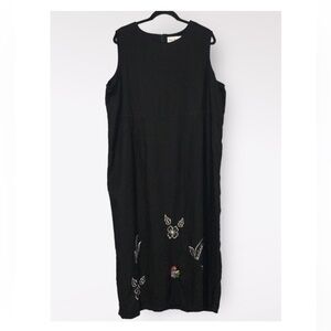 Papillon Women’s Black Linen Rayon Blend Sleeveless Maxi Embroidered Dress Sz 2X
